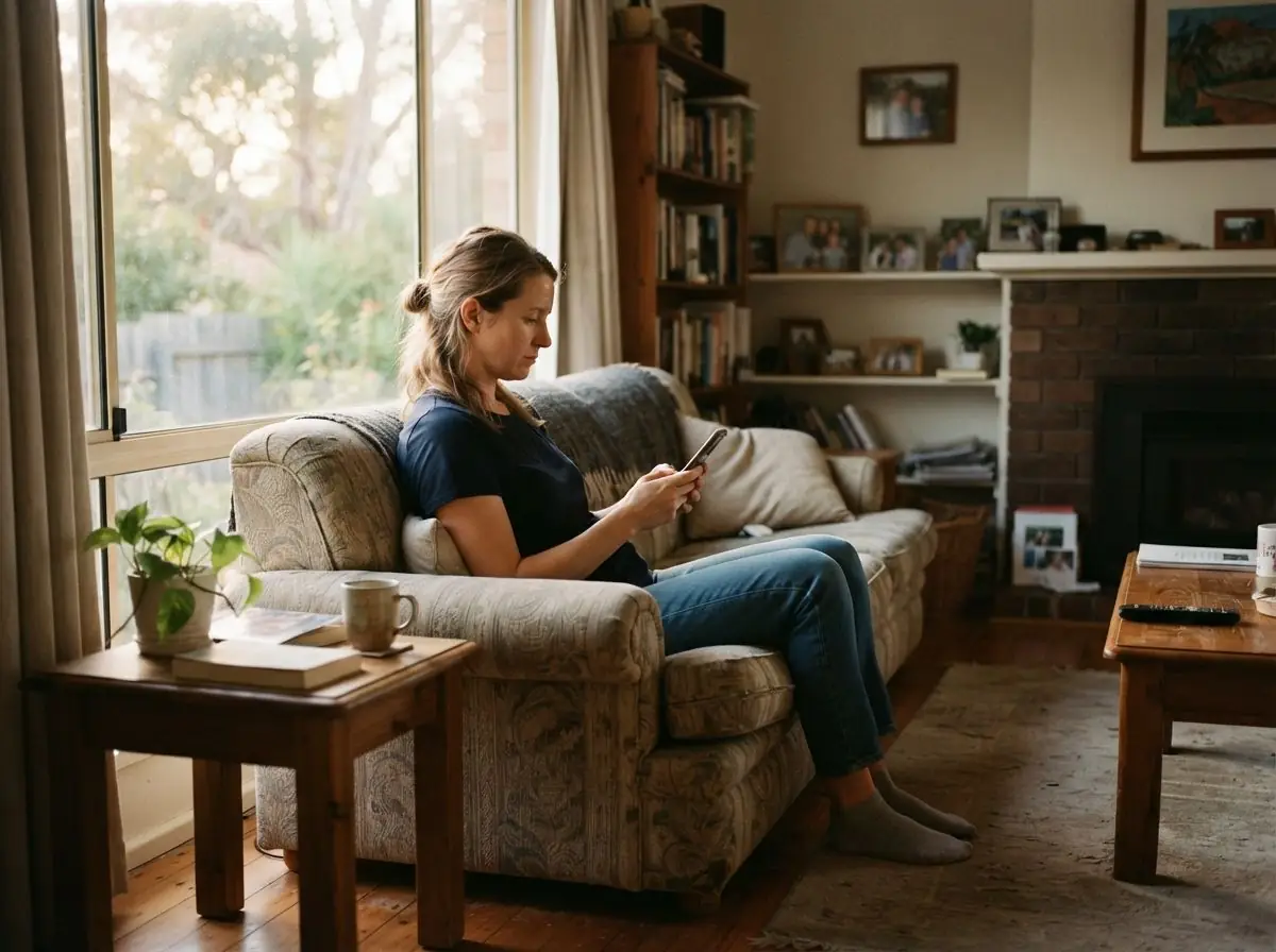 A woman on her living room couch looking something up on her phone